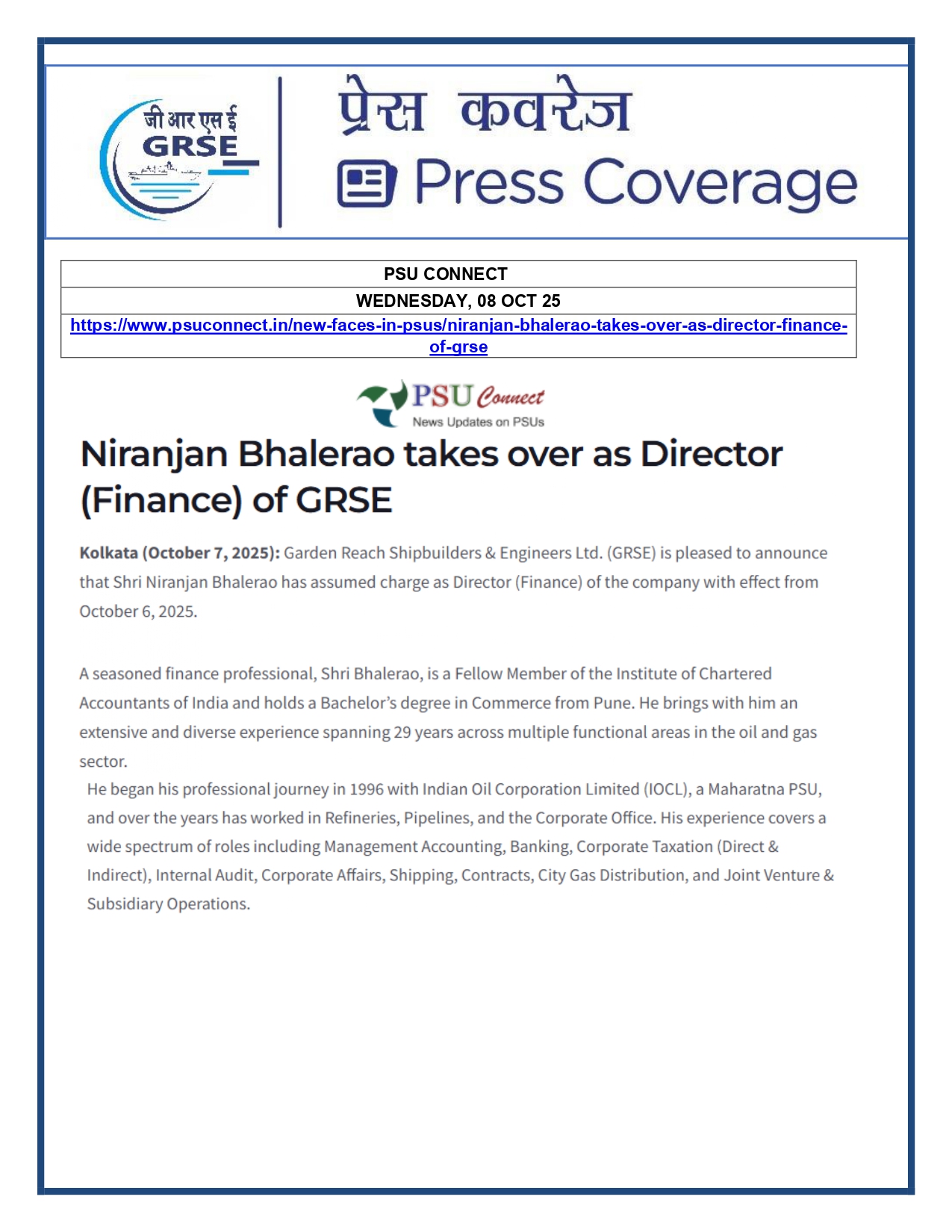 Press Coverage : 08 Oct 25:Shri Niranjan Bhalerao takes over as Director (Finance) of Garden Reach Shipbuilders & Engineers Ltd. (GRSE) 